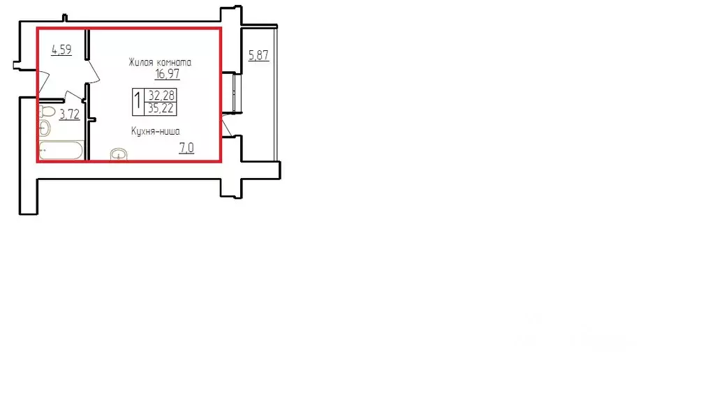 Студия Амурская область, Благовещенск Заводская ул., 4/9 (35.22 м) - Фото 1