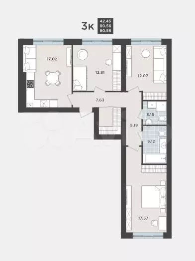 3-к. квартира, 80,6 м, 1/9 эт. - Фото 1