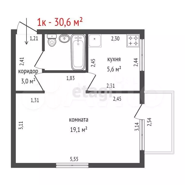 1-к. квартира, 30,6 м, 3/3 эт. - Фото 0