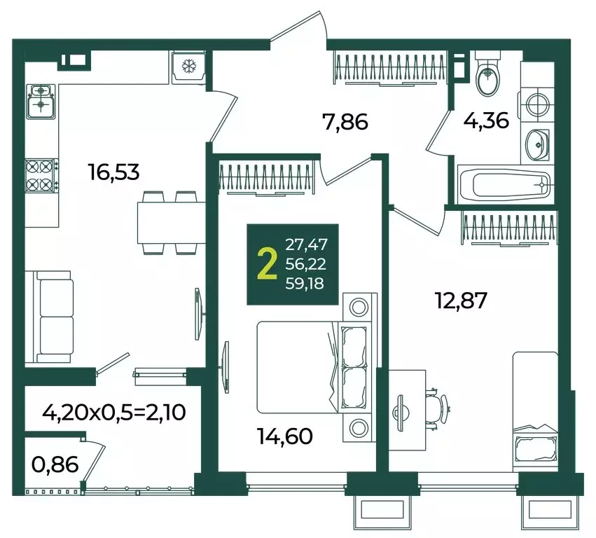 2-комнатная квартира: Краснодар, улица Адмирала Макарова, 5/1 (59.18 ... - Фото 1