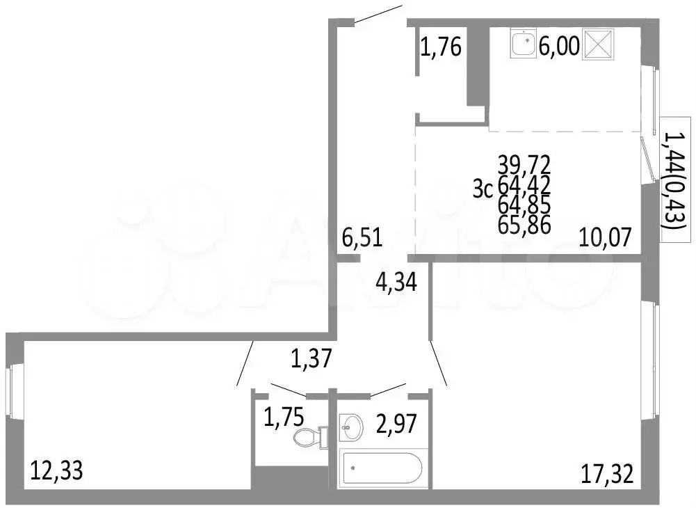 3-к. квартира, 64,9 м, 6/10 эт. - Фото 0