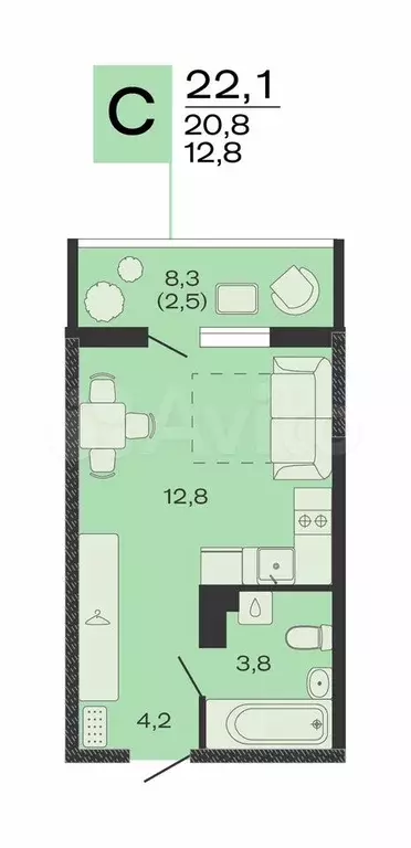 Квартира-студия, 22,1 м, 3/4 эт. - Фото 0