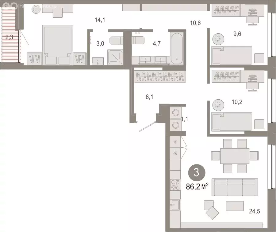 3-комнатная квартира: Тюмень, микрорайон ДОК, ЖК Октябрьский на Туре ... - Фото 2
