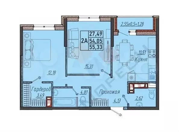 2-к. квартира, 54,6 м, 6/9 эт. - Фото 0