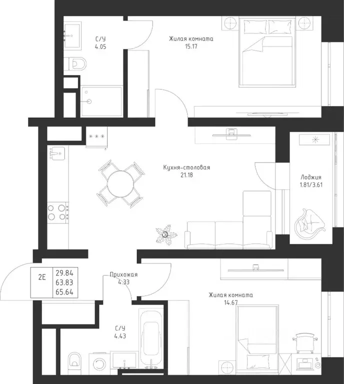 2-к кв. Татарстан, Казань Седьмое Небо жилрайон,  (65.64 м) - Фото 1