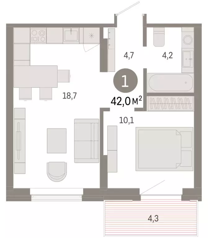 1-комнатная квартира: Омск, Кировский округ (41.98 м) - Фото 1