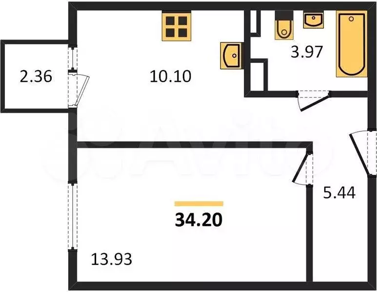1-к. квартира, 34,2 м, 4/6 эт. - Фото 1