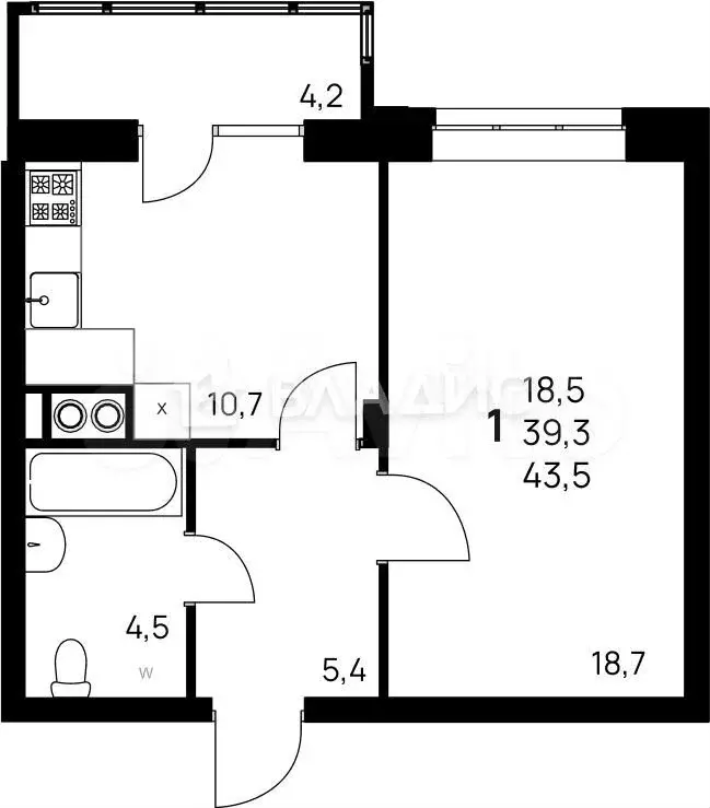 1-к. квартира, 42 м, 5/7 эт. - Фото 0