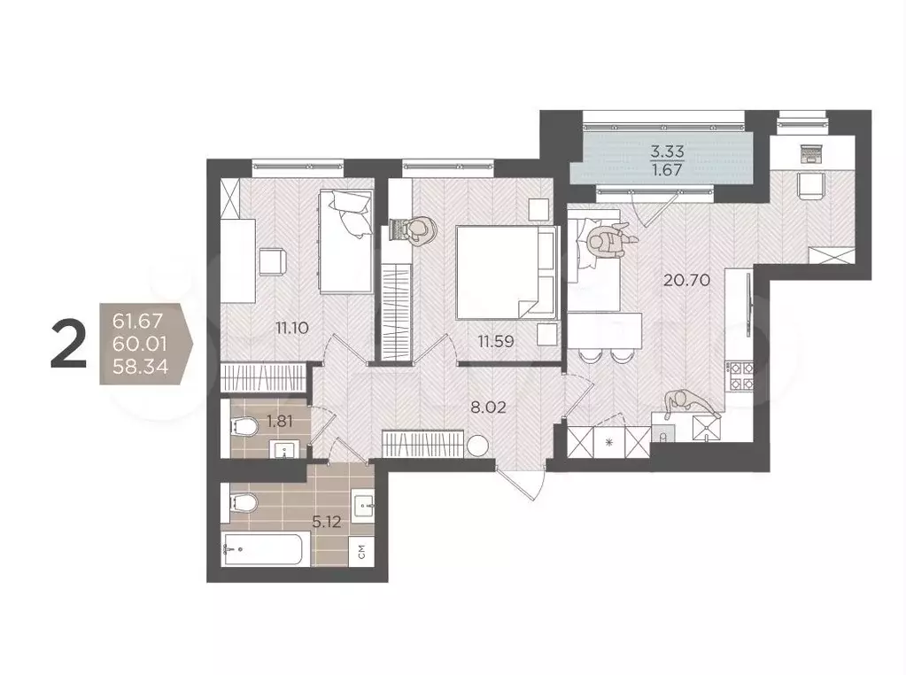 2-к. квартира, 60 м, 2/9 эт. - Фото 1
