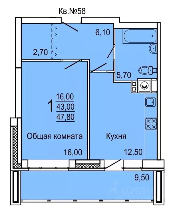 1-к кв. Тульская область, Тула ул. Седова, 20Д/1 (47.8 м) - Фото 0