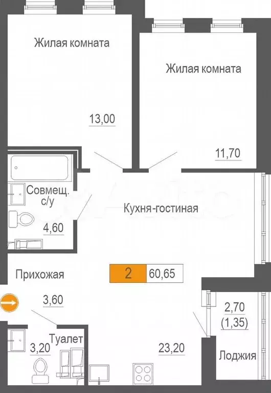 2-к. квартира, 60,7 м, 5/25 эт. - Фото 0