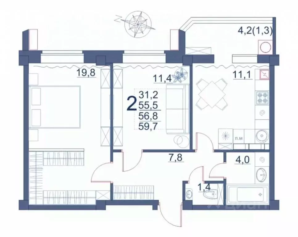 2-к кв. Ставропольский край, Ессентуки ул. Шмидта, 100 (59.7 м) - Фото 1