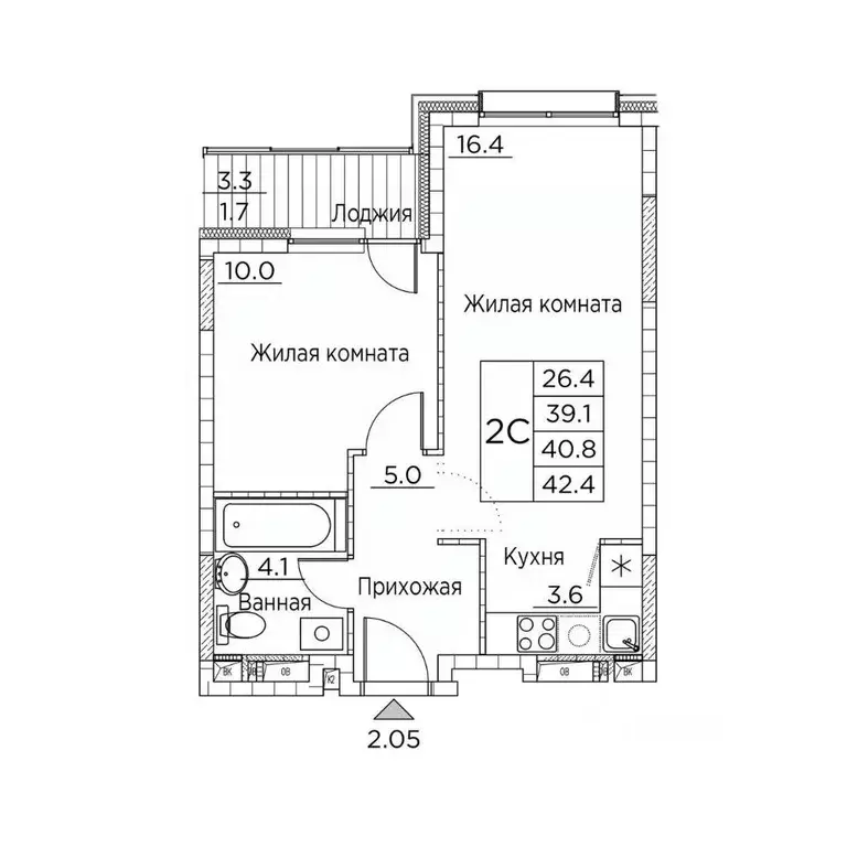 2-к кв. Приморский край, Владивосток ул. Расула Гамзатова, 7к3 (42.4 ... - Фото 1