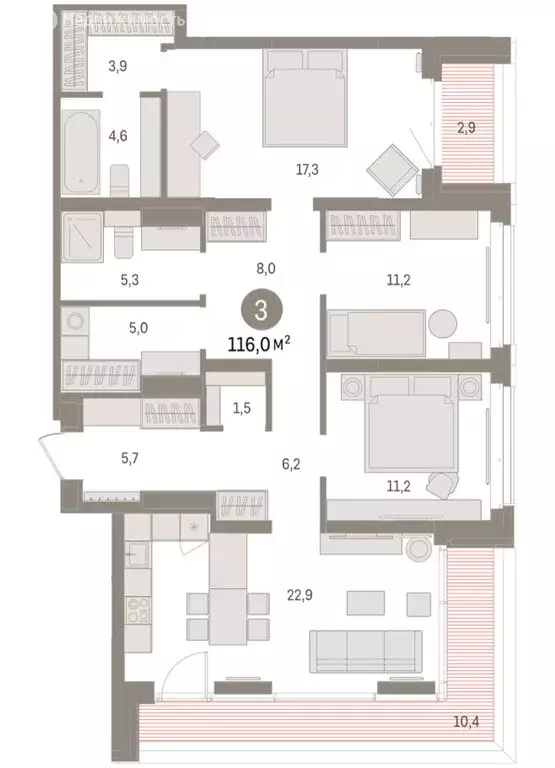 3-комнатная квартира: Тюмень, жилой комплекс На Минской (116 м) - Фото 2