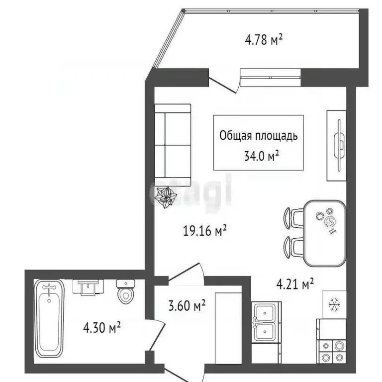 Студия Новосибирская область, Новосибирск Обская ул., 82 (31.4 м) - Фото 2