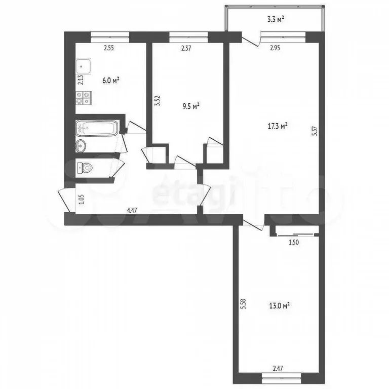 3-к. квартира, 59,1 м, 5/5 эт. - Фото 0