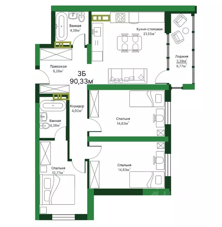 3-к кв. Самарская область, Тольятти 11А кв-л,  (90.33 м) - Фото 0