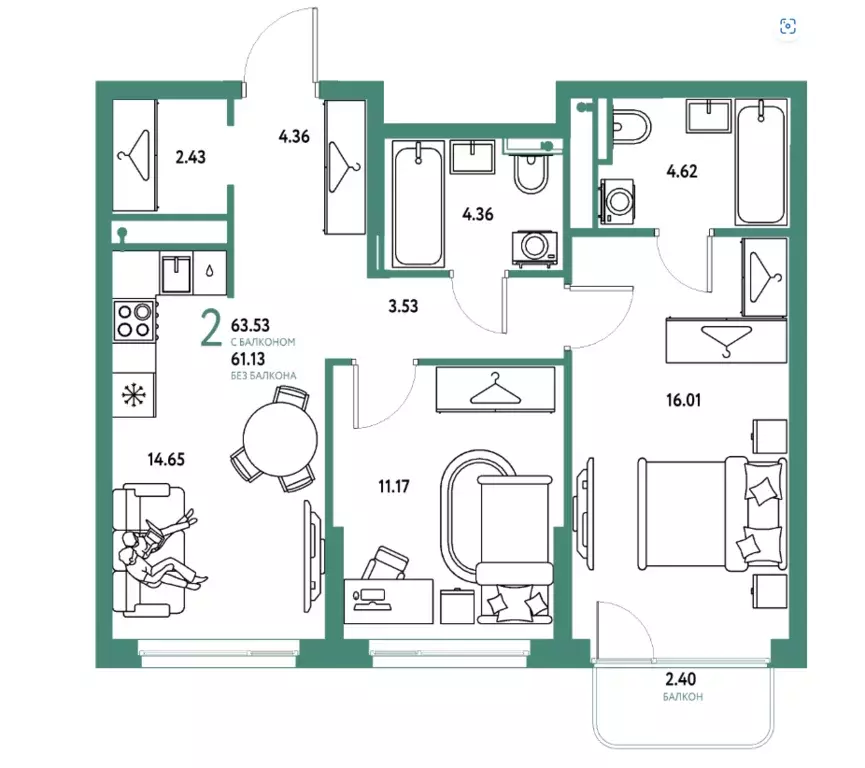Продаётся 2-к квартира, 63.5 м - Фото 0