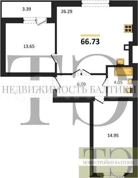 2-к. квартира, 66,7 м, 6/9 эт. - Фото 0