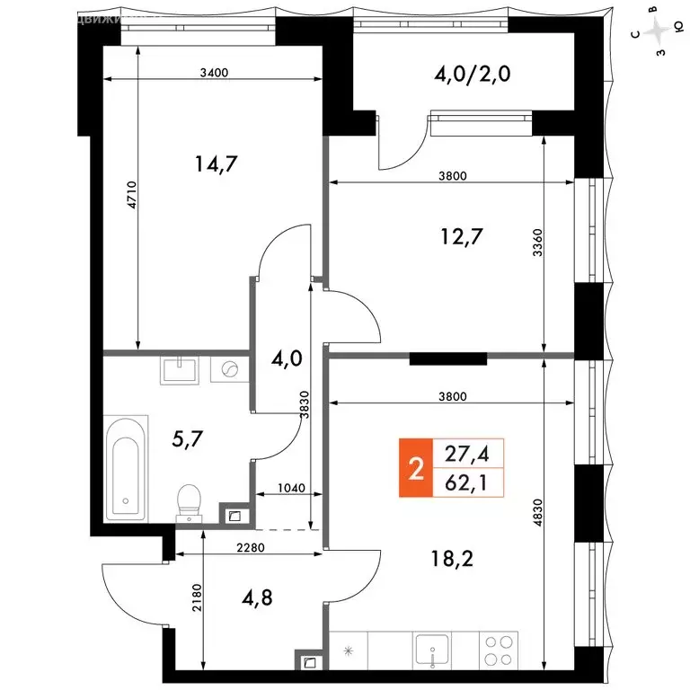 2-комнатная квартира: Нижний Новгород, историческая территория Старый ... - Фото 1