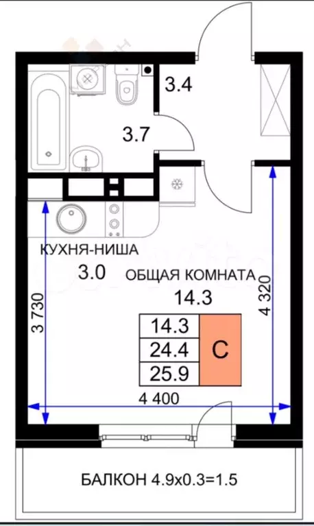 Квартира-студия, 24,9 м, 7/16 эт. - Фото 0