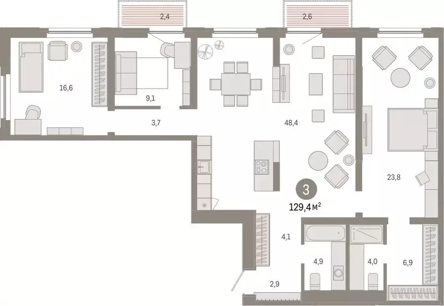 3-комнатная квартира: Тюмень, Мысовская улица, 26к2 (129.42 м) - Фото 1