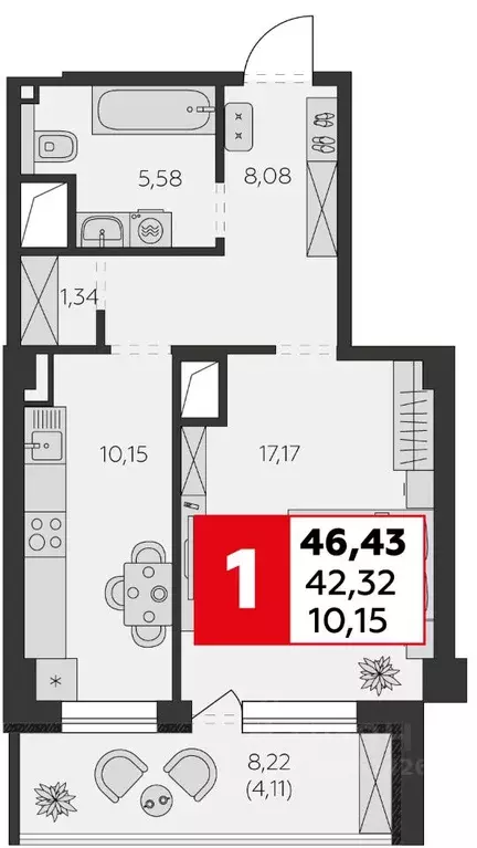1-к кв. Ростовская область, Батайск ул. Воровского, 53 (46.43 м) - Фото 1