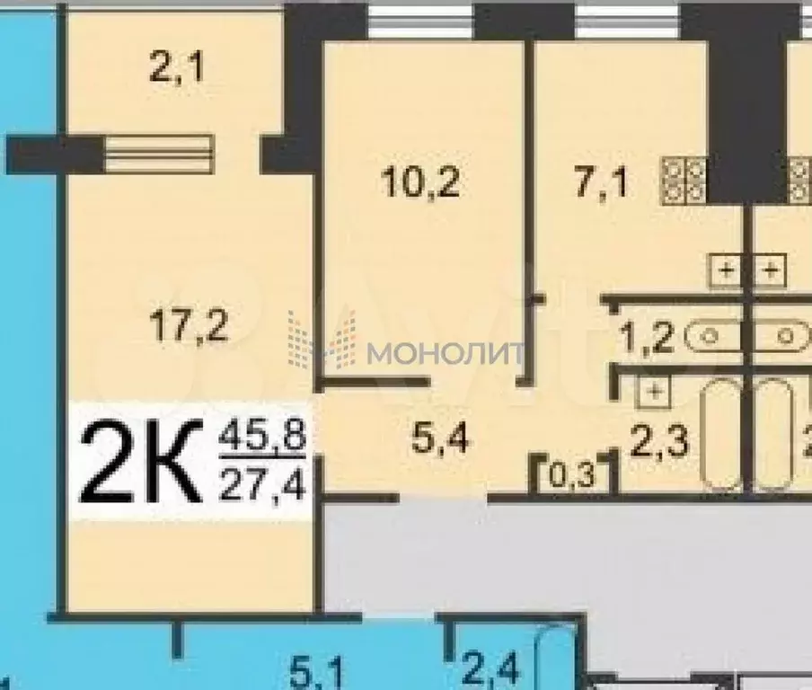 2-к. квартира, 43,7 м, 3/9 эт. - Фото 0