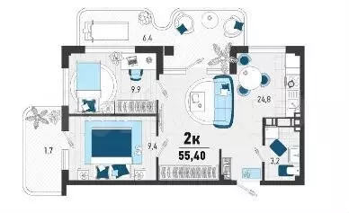 2-к. квартира, 55,4 м, 2/3 эт. - Фото 1