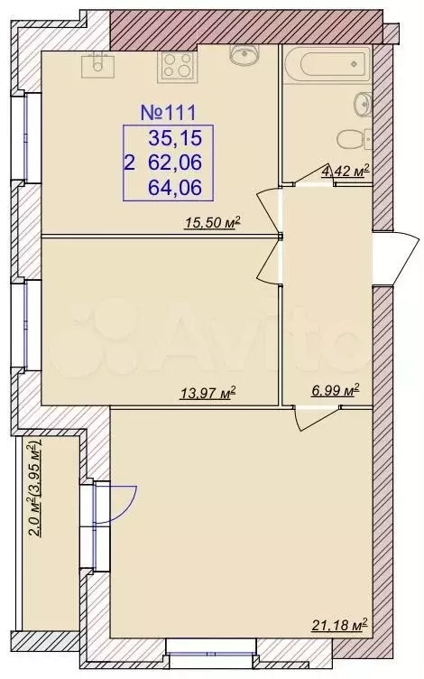 2-к. квартира, 64,1м, 8/9эт. - Фото 1