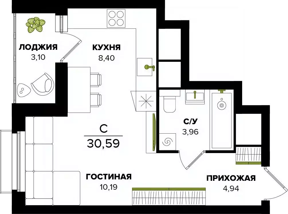Студия Тульская область, Тула  (30.59 м) - Фото 0