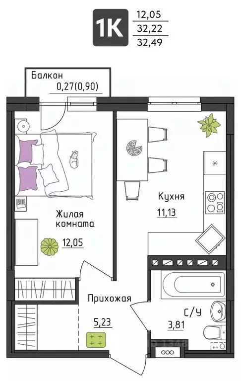 1-к кв. Пермский край, Пермь Верхне-Вишерская ул., 40 (32.49 м) - Фото 1