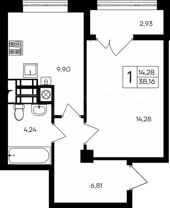 1-к. квартира, 38,2 м, 7/9 эт. - Фото 0