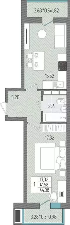 1-к. квартира, 44,4 м, 6/8 эт. - Фото 0