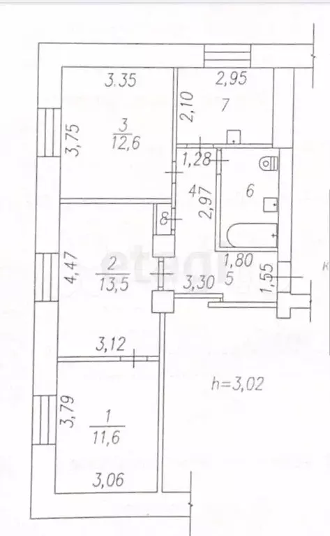 3-к. квартира, 56,7 м, 2/5 эт. - Фото 0