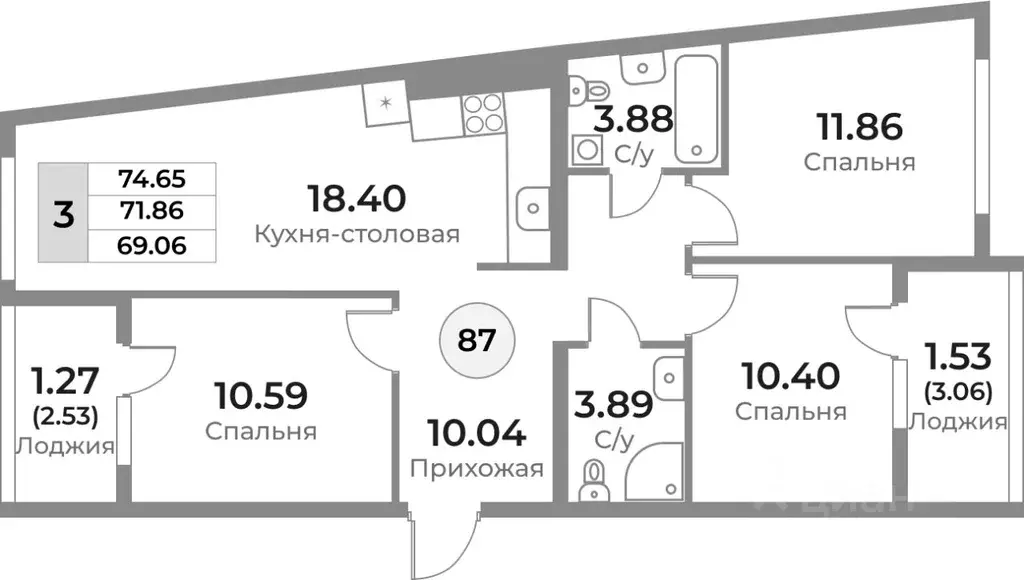 3-к кв. Калининградская область, Калининград Пригородная ул. (71.86 м) - Фото 0