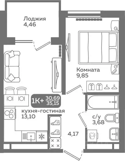 1-к кв. Тюменская область, Тюмень ул. Заполярная, 9/2 (30.69 м) - Фото 0