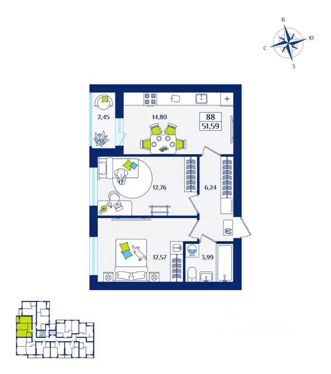 2-к кв. Калининградская область, Зеленоградск  (51.59 м) - Фото 0