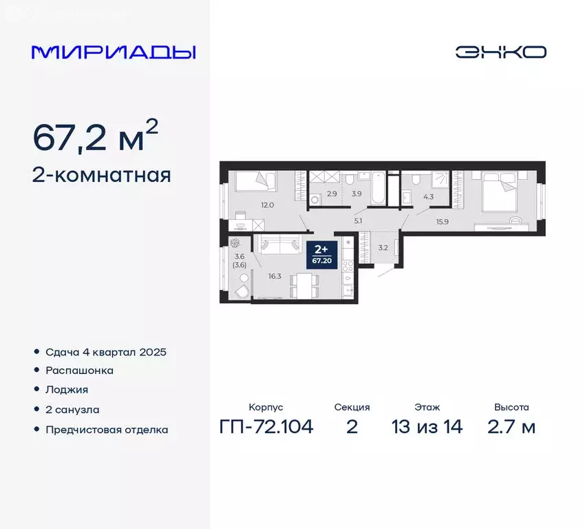 2-комнатная квартира: Тюмень, ЖК Мириады (67.2 м) - Фото 0