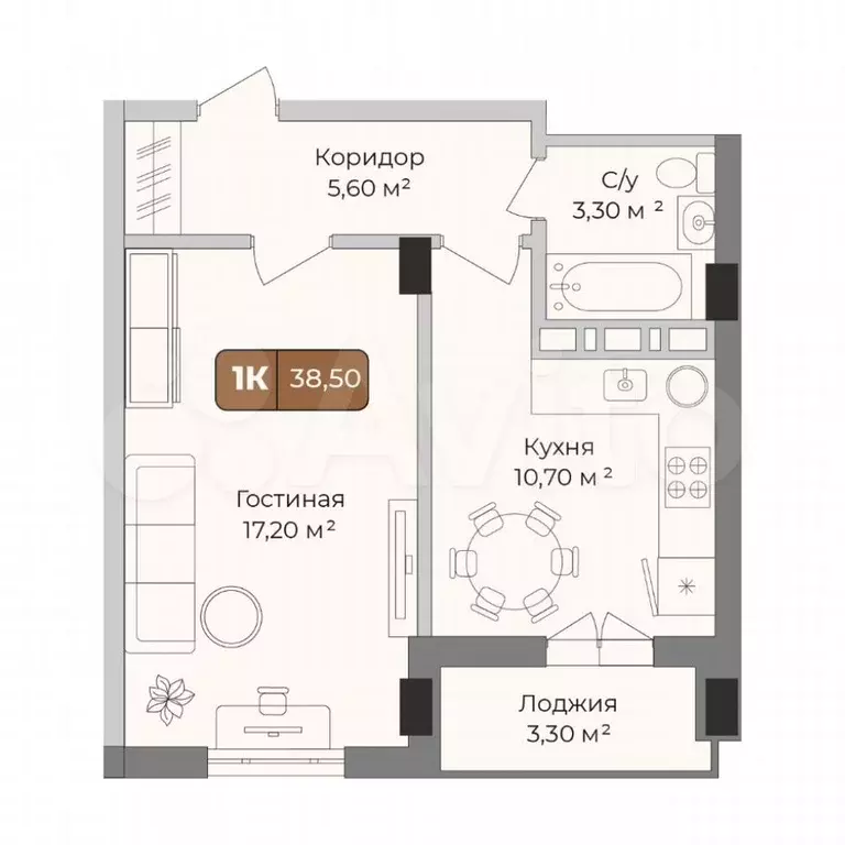 1-к. квартира, 38,5 м, 9/9 эт. - Фото 0