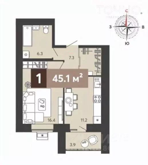 1-к кв. Пензенская область, Пенза ул. Щербакова, 69 (45.1 м) - Фото 1