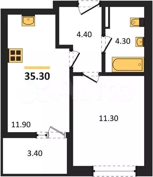 1-к. квартира, 35,3 м, 6/8 эт. - Фото 1