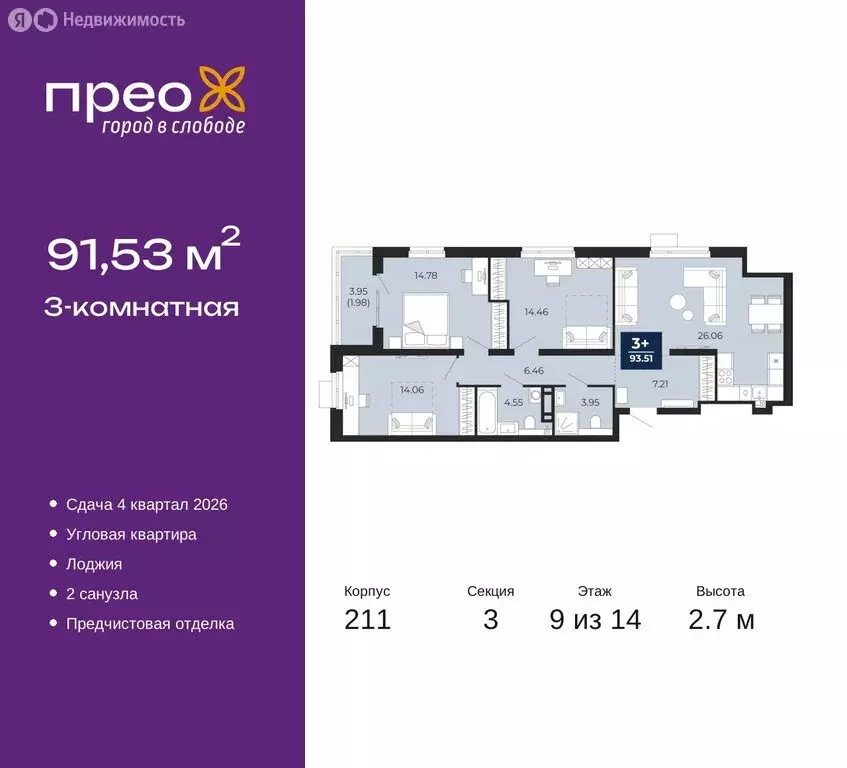 3-комнатная квартира: Тюмень, Арктическая улица, 6 (91.53 м) - Фото 0