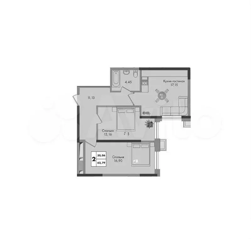 2-к. квартира, 62,8 м, 4/9 эт. - Фото 0