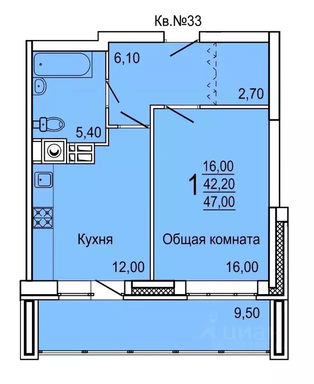 1-к кв. Тульская область, Тула ул. Седова, 20Д/1 (47.0 м) - Фото 0