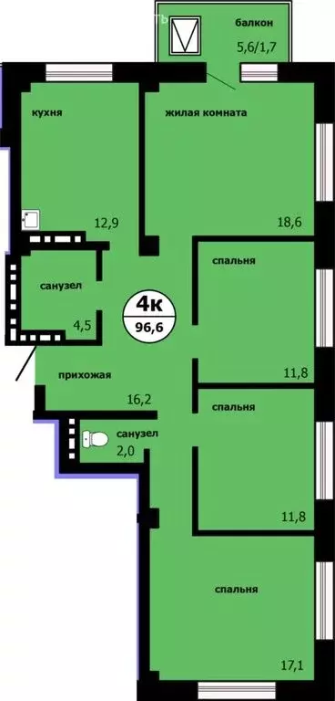 4-комнатная квартира: Красноярск, улица Лесников, 55 (96.3 м) - Фото 0