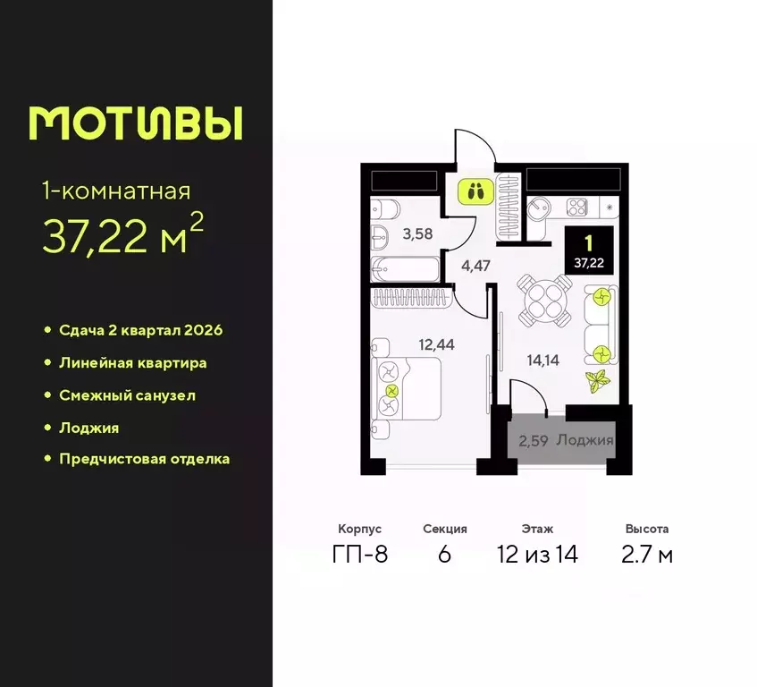 1-к кв. Тюменская область, Тюмень Мотивы жилой комплекс (37.22 м) - Фото 0