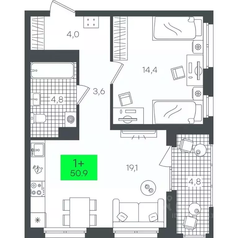 1-к кв. Тюменская область, Тюмень ул. Василия Малкова, 19 (50.95 м) - Фото 0