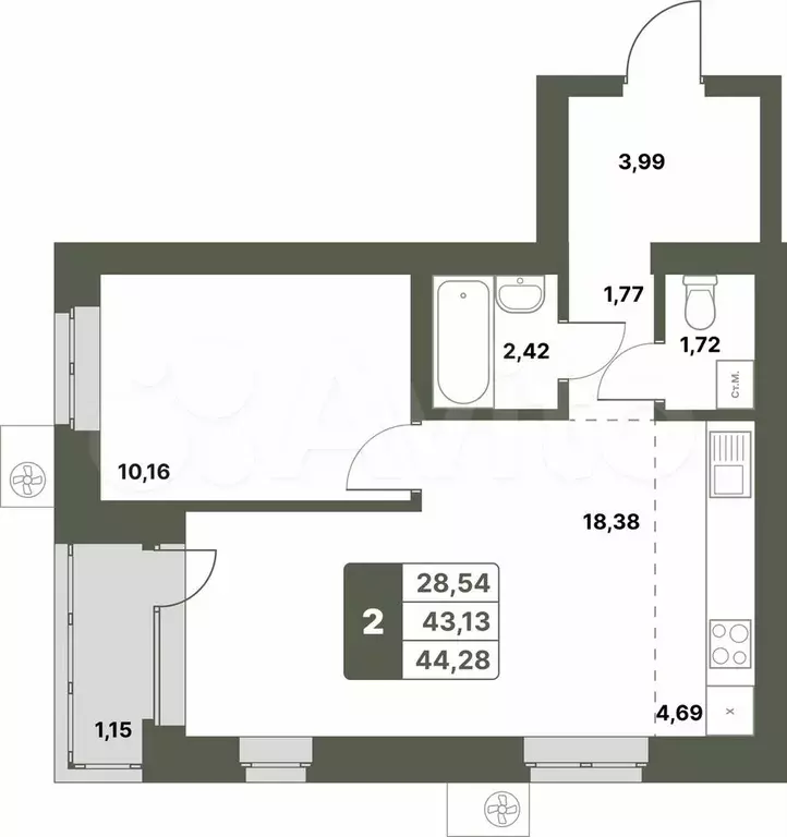 2-к. квартира, 44,3 м, 8/8 эт. - Фото 0