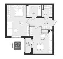 1-к. квартира, 49,8 м, 1/9 эт. - Фото 1